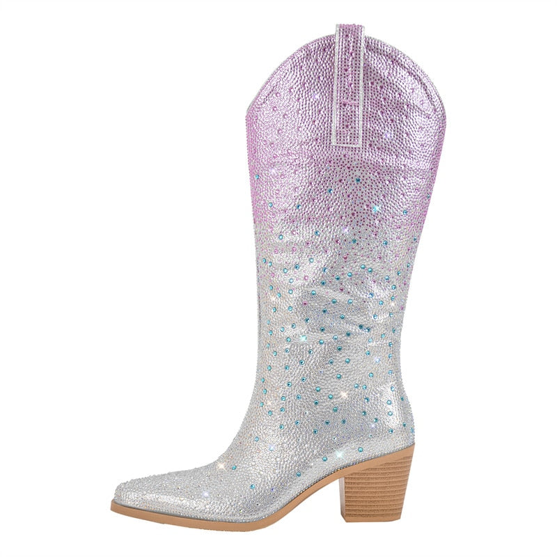 Gradient Colour Rhinestone Cowboy Boots