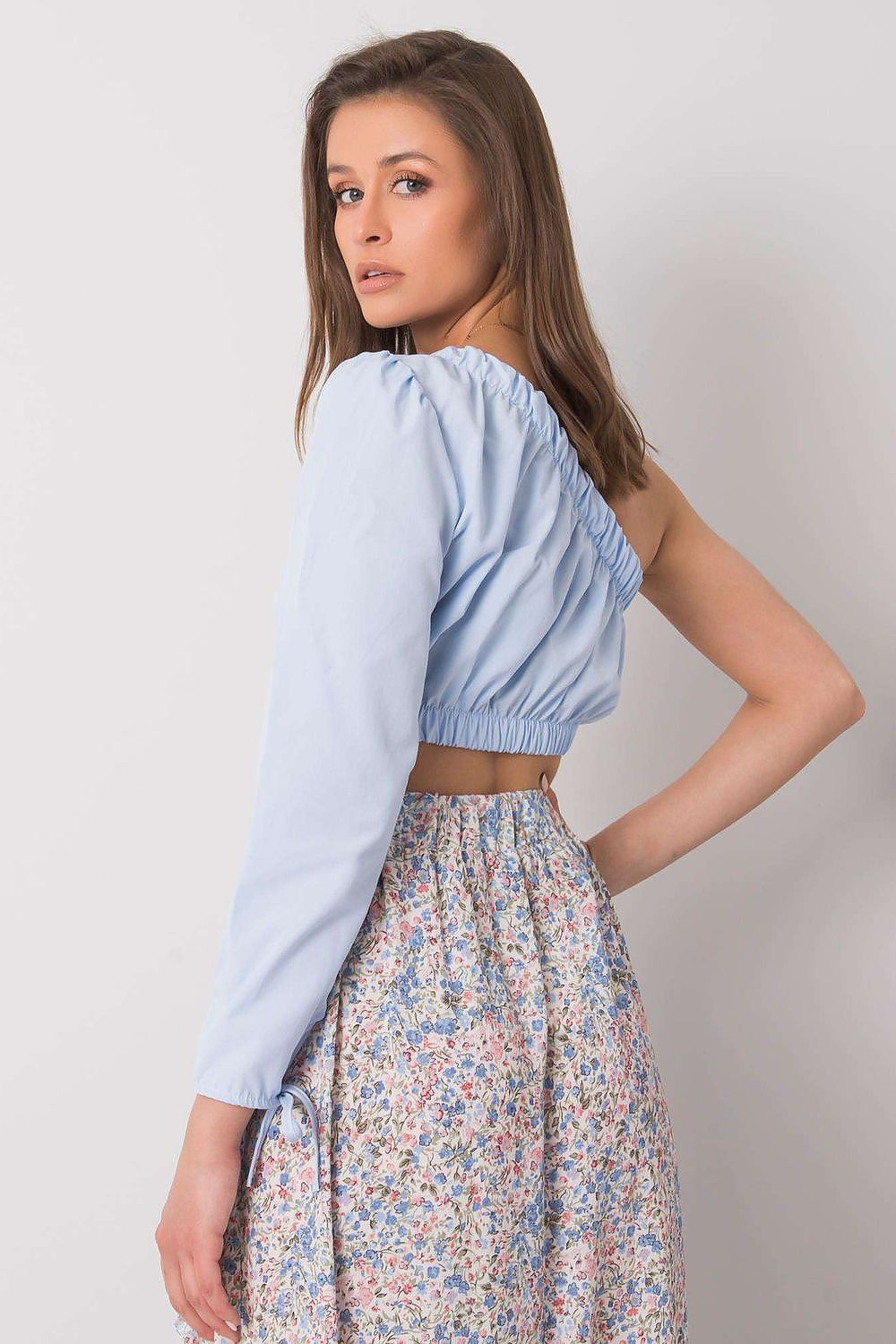 “Blue Asym One-Sleeve Blouse, standalone flat lay”