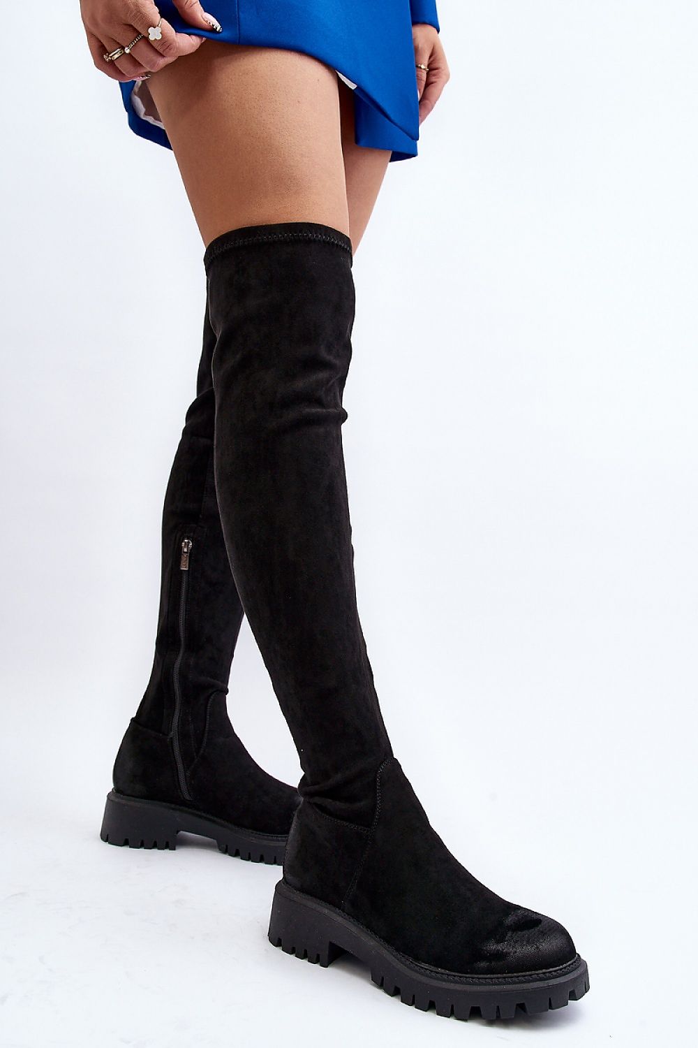 Thigh-High Eco-Suede Boots in Black – Front View 2