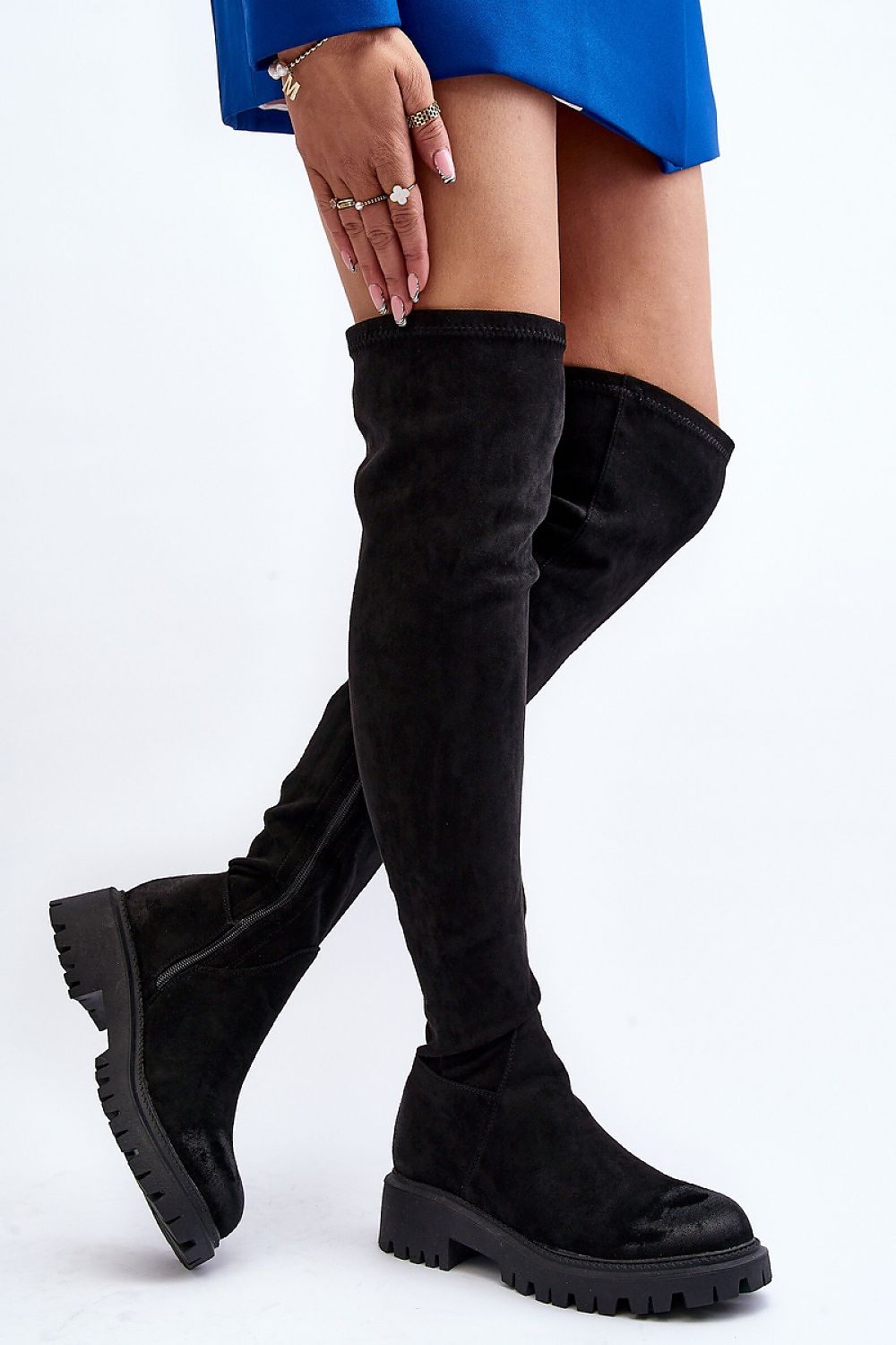 Thigh-High Eco-Suede Boots in Black – Front View 3