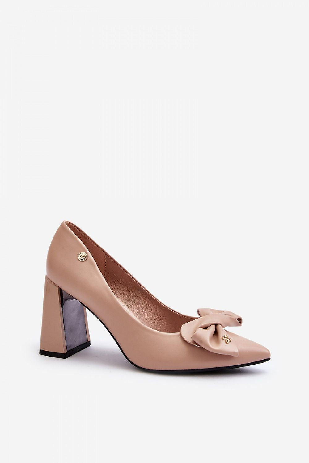 “Emblem Bow Block Heel Shoe in Beige, standalone image”