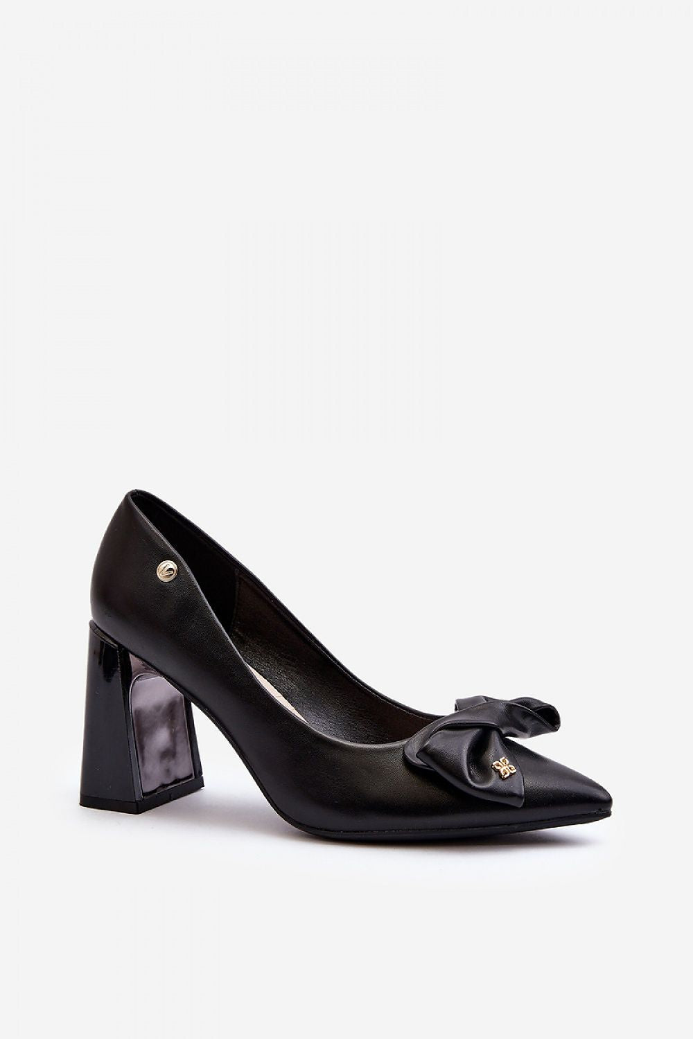 “Emblem Bow Block Heel Shoe in Black, standalone image”