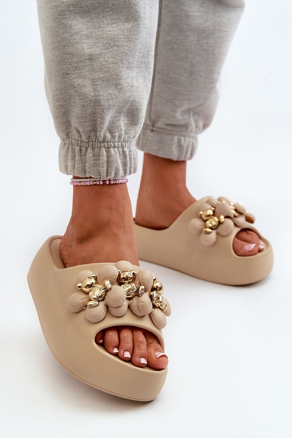 Sunny Step Foam Slides in Beige – Front View 1