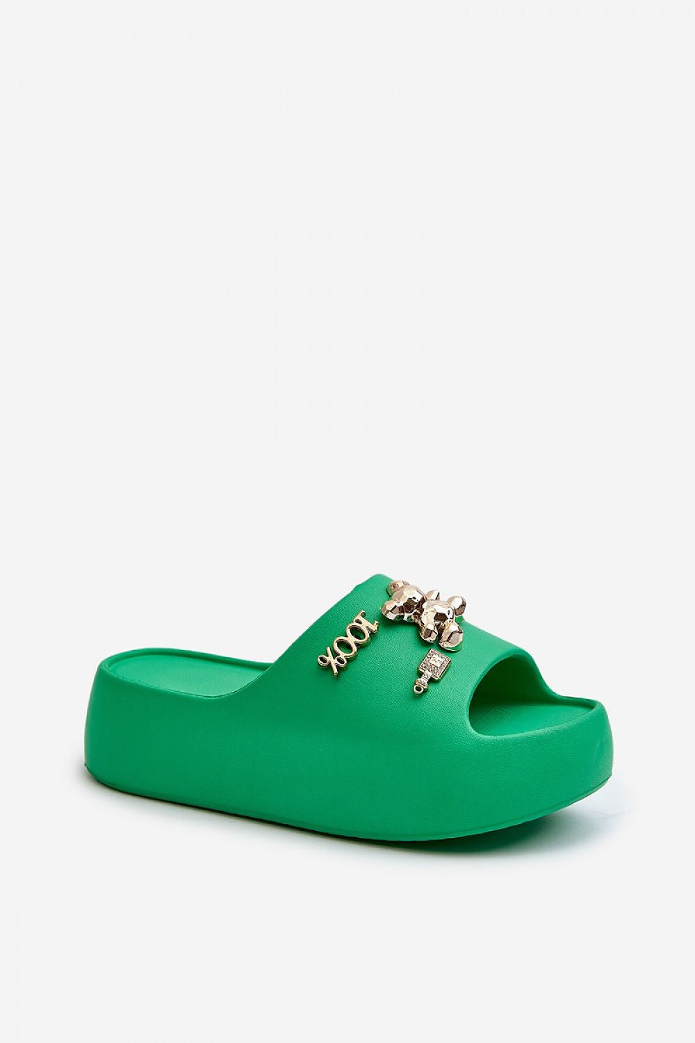 Lightweight Embellished Foam Slides in Green – Standalone View