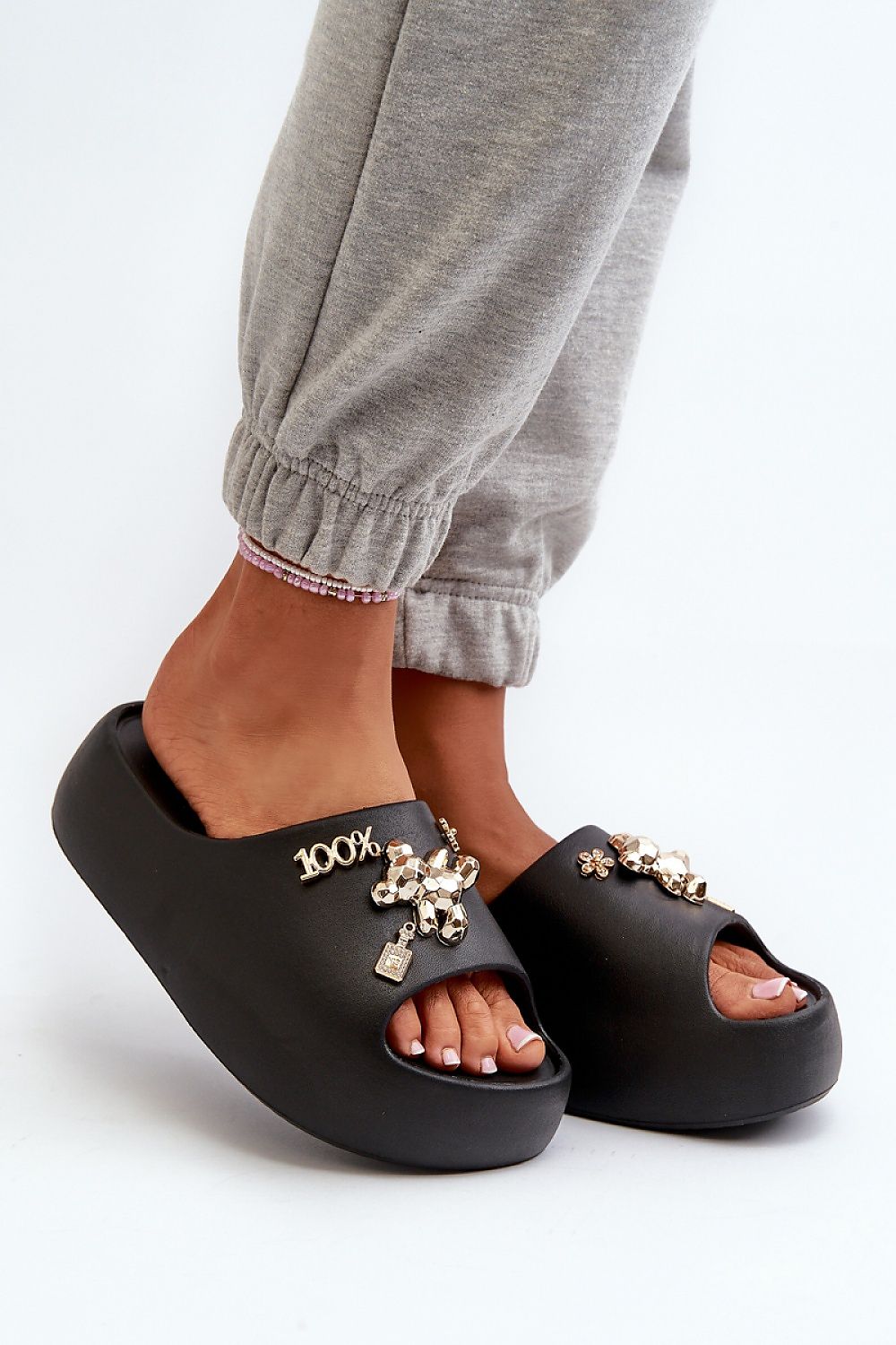 Lightweight Embellished Foam Slides in Black – Front View 2