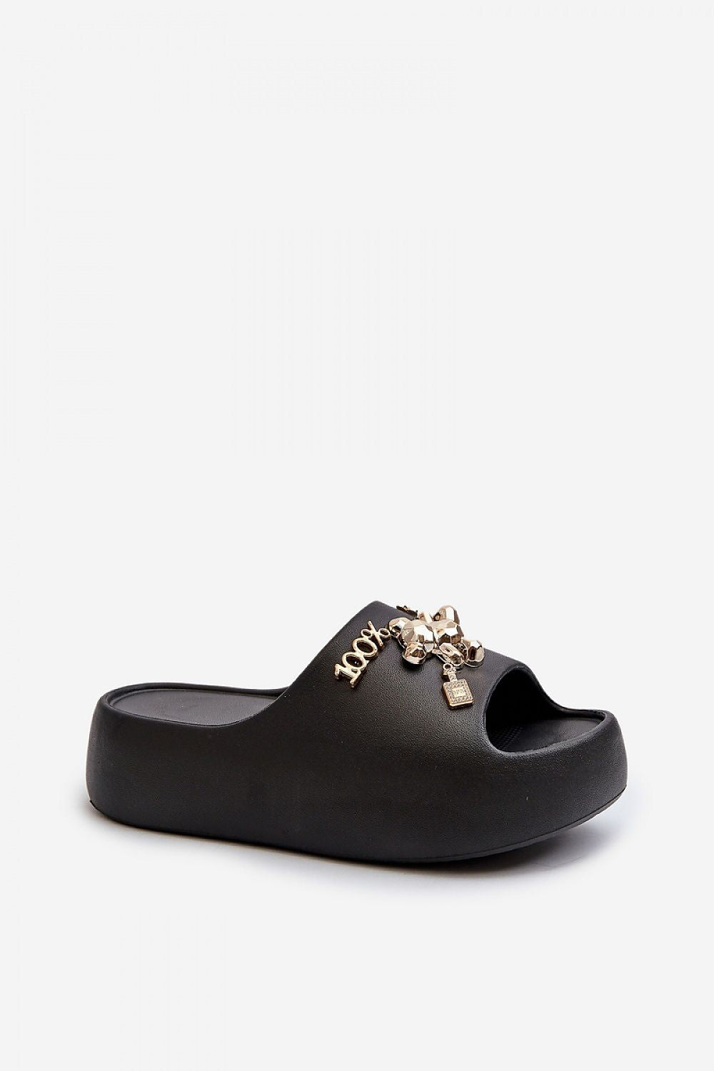 Lightweight Embellished Foam Slides in Black – Standalone View