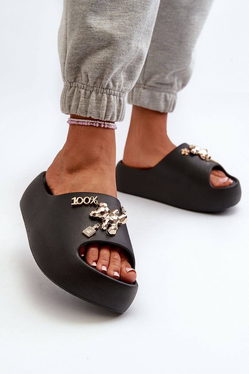 Lightweight Embellished Foam Slides in Black – Front View 1