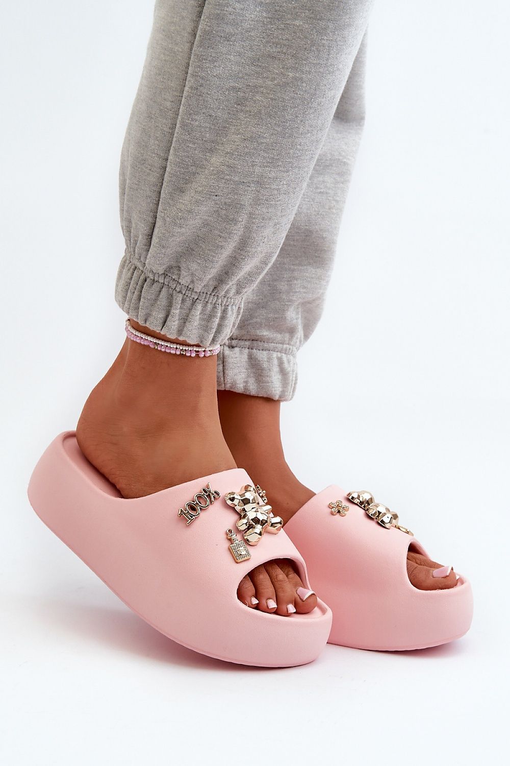 Lightweight Embellished Foam Slides in Pink – Front View 2