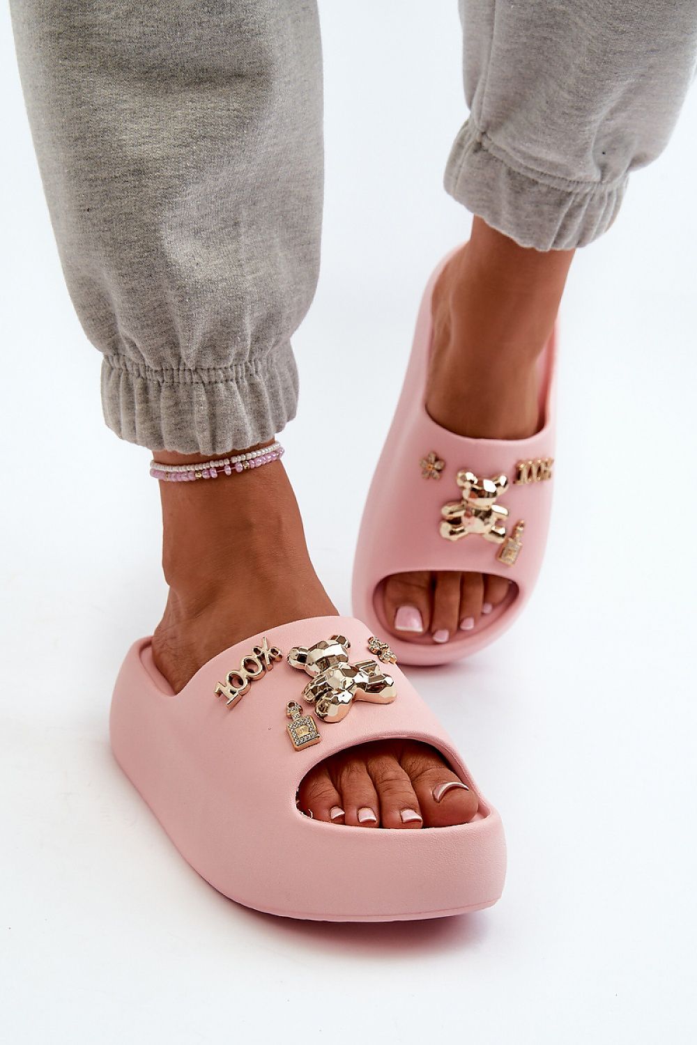 Lightweight Embellished Foam Slides in Pink – Front View 1