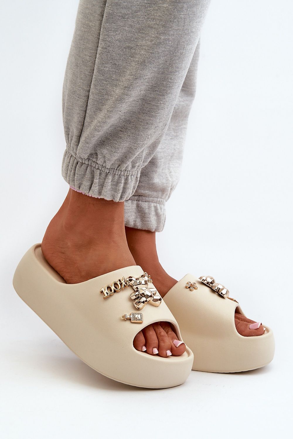 Lightweight Embellished Foam Slides in Beige – Front View 1