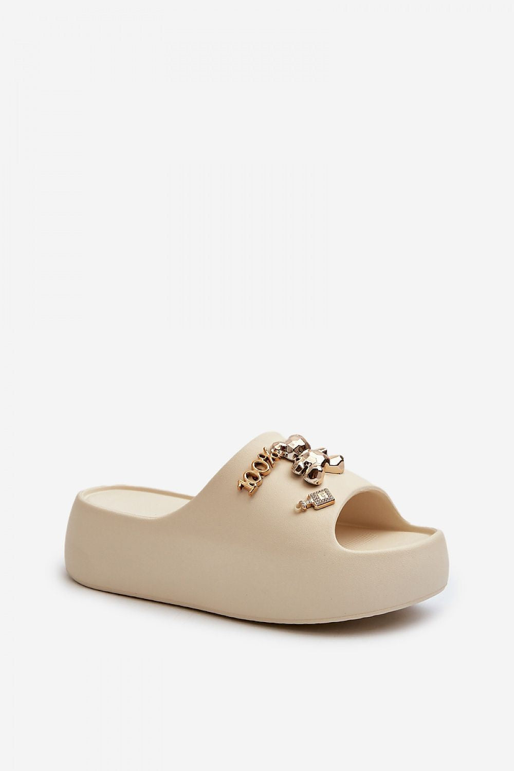 Lightweight Embellished Foam Slides in Beige – Standalone View
