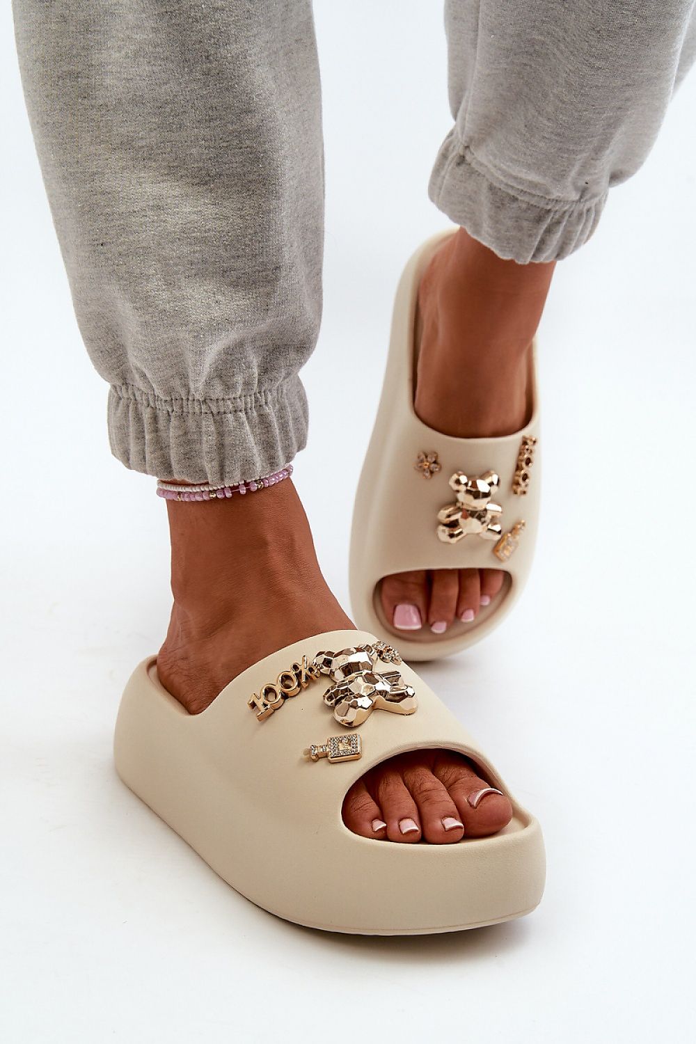 Lightweight Embellished Foam Slides in Beige – Front View 2