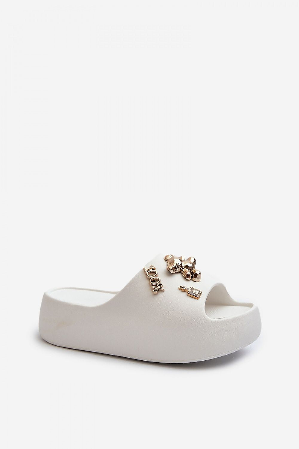 Lightweight Embellished Foam Slides in White – Standalone View