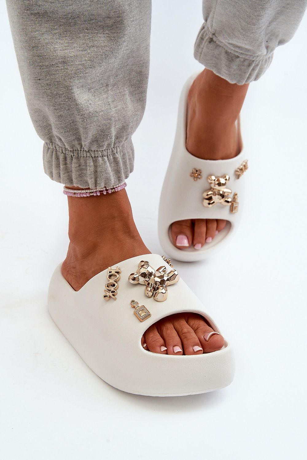 Lightweight Embellished Foam Slides in White – Front View 2