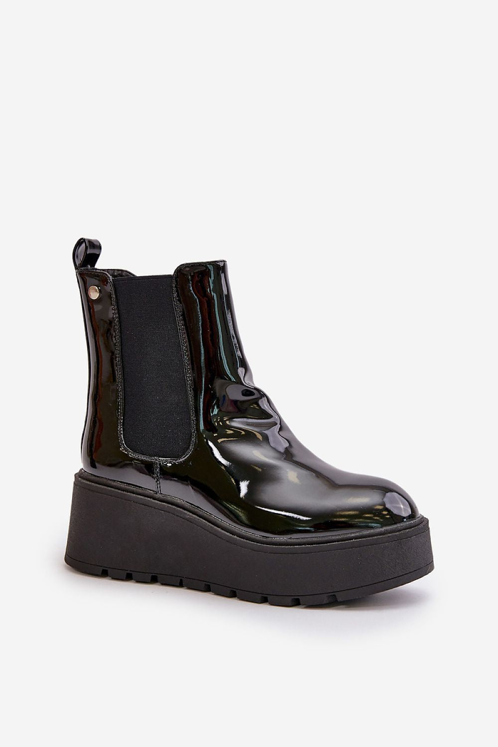 “Lacquered Ankle Boots in Black, product standalone image”