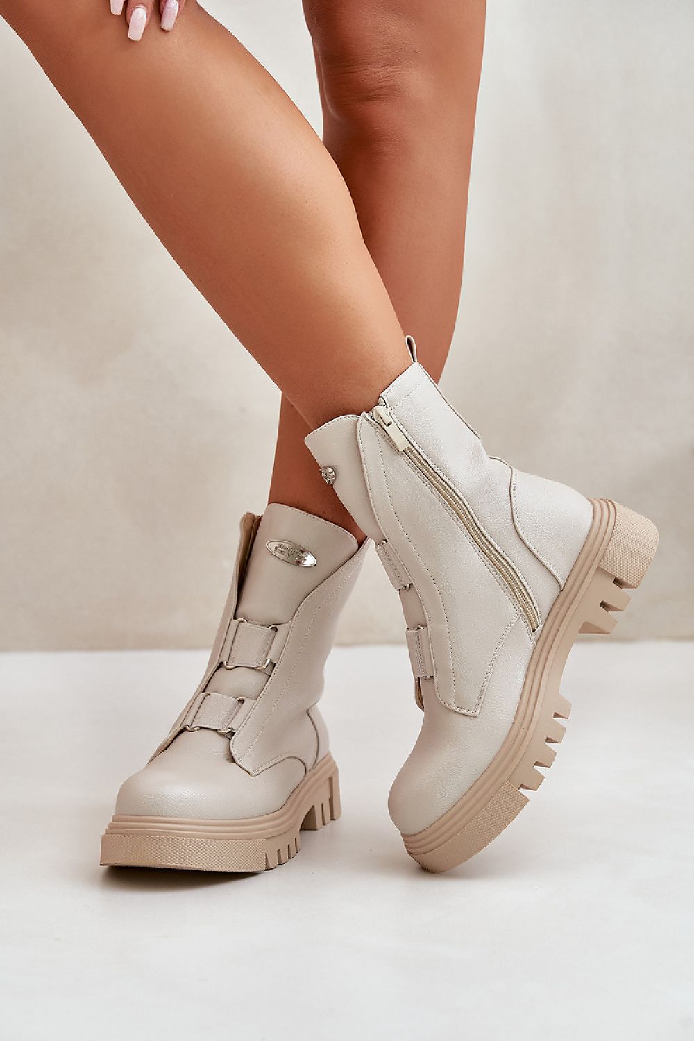 Beige, Jezzi women’s eco leather ankle boots with fleece lining and side zipper for autumn-winter style