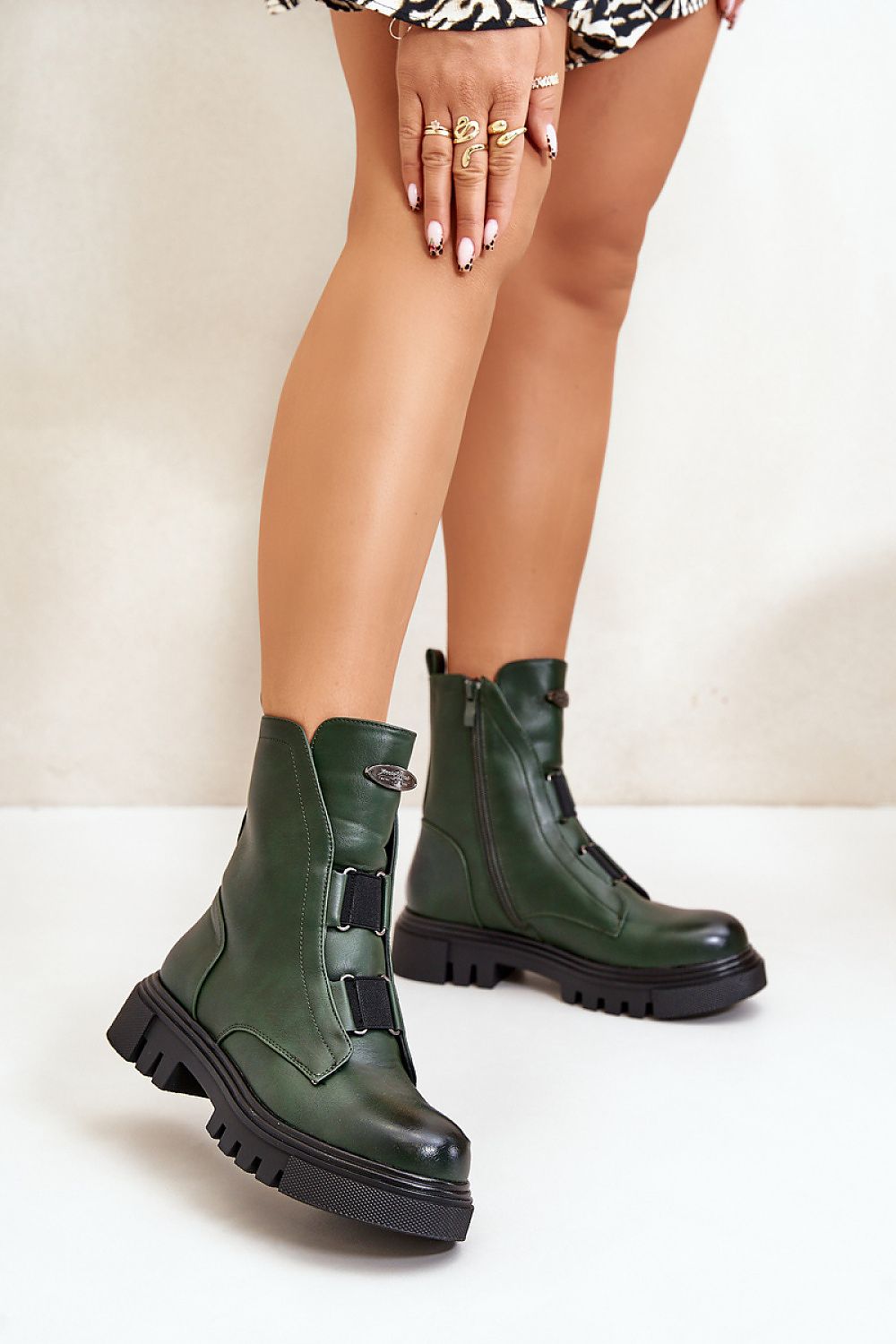 Green Jezzi women’s eco leather ankle boots with fleece lining and side zipper for autumn-winter style