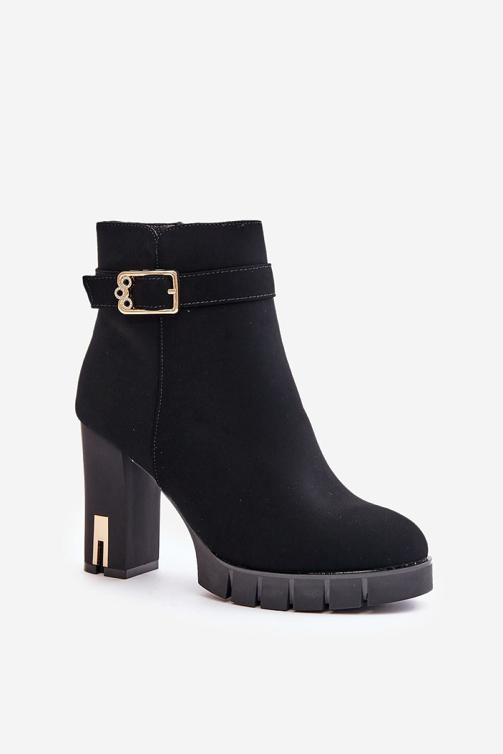 “Aurora Buckle Heel Ankle Boots in Black, single boot display”