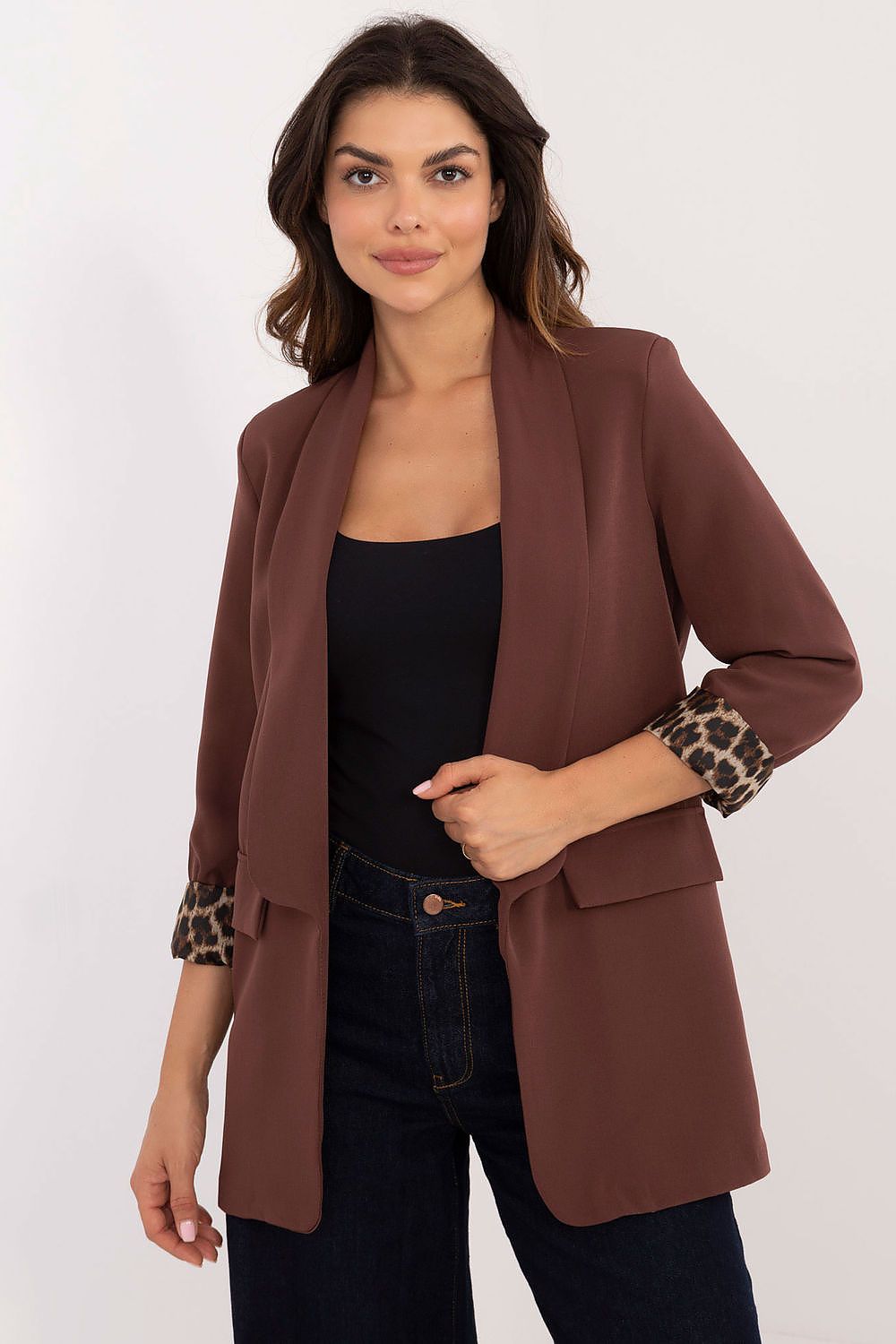 Front view of Elise Women’s brown elegant casual jacket with lapels and no fastening.