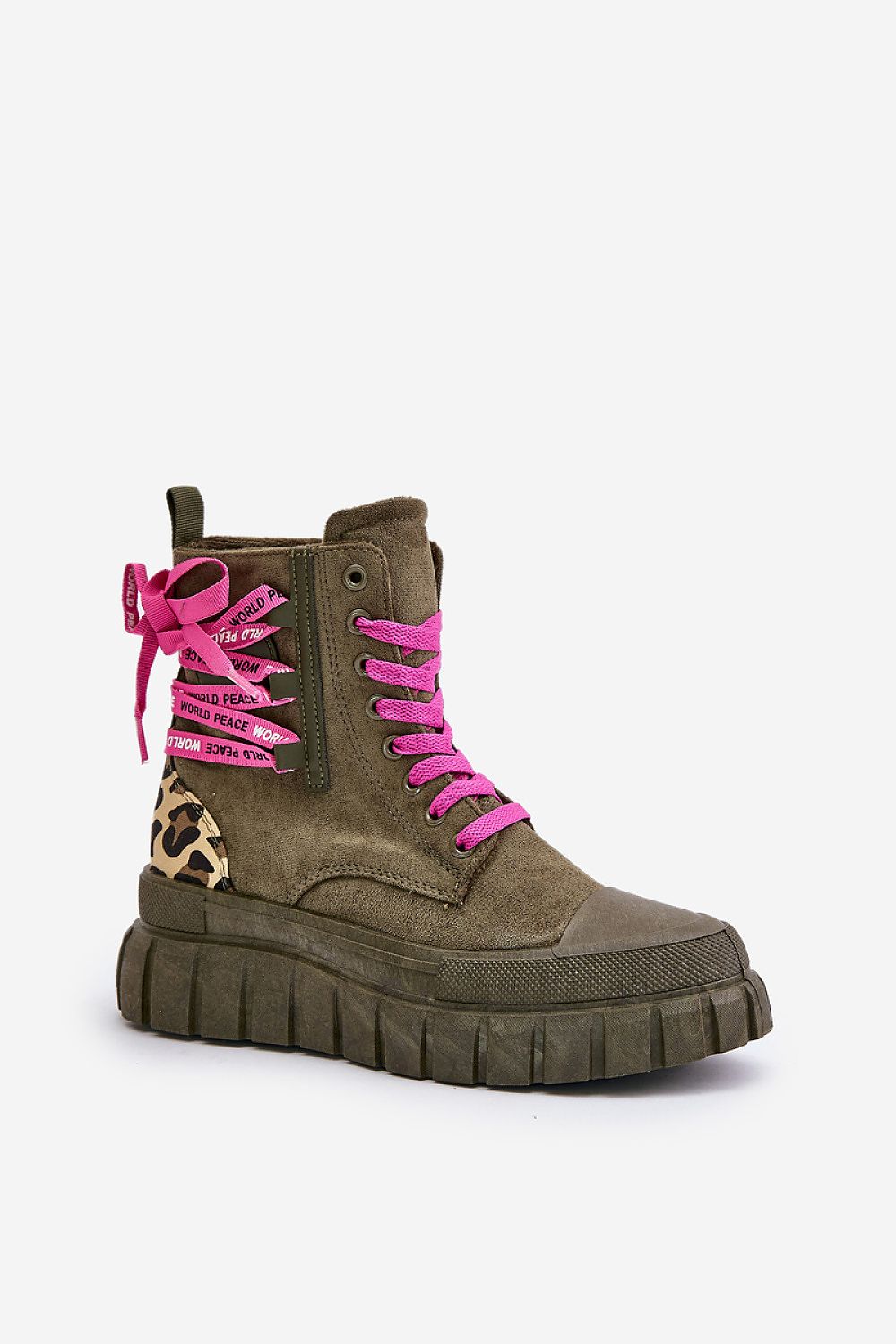 “Nordic Lace-Up Platform Boots in Green, side standalone view”