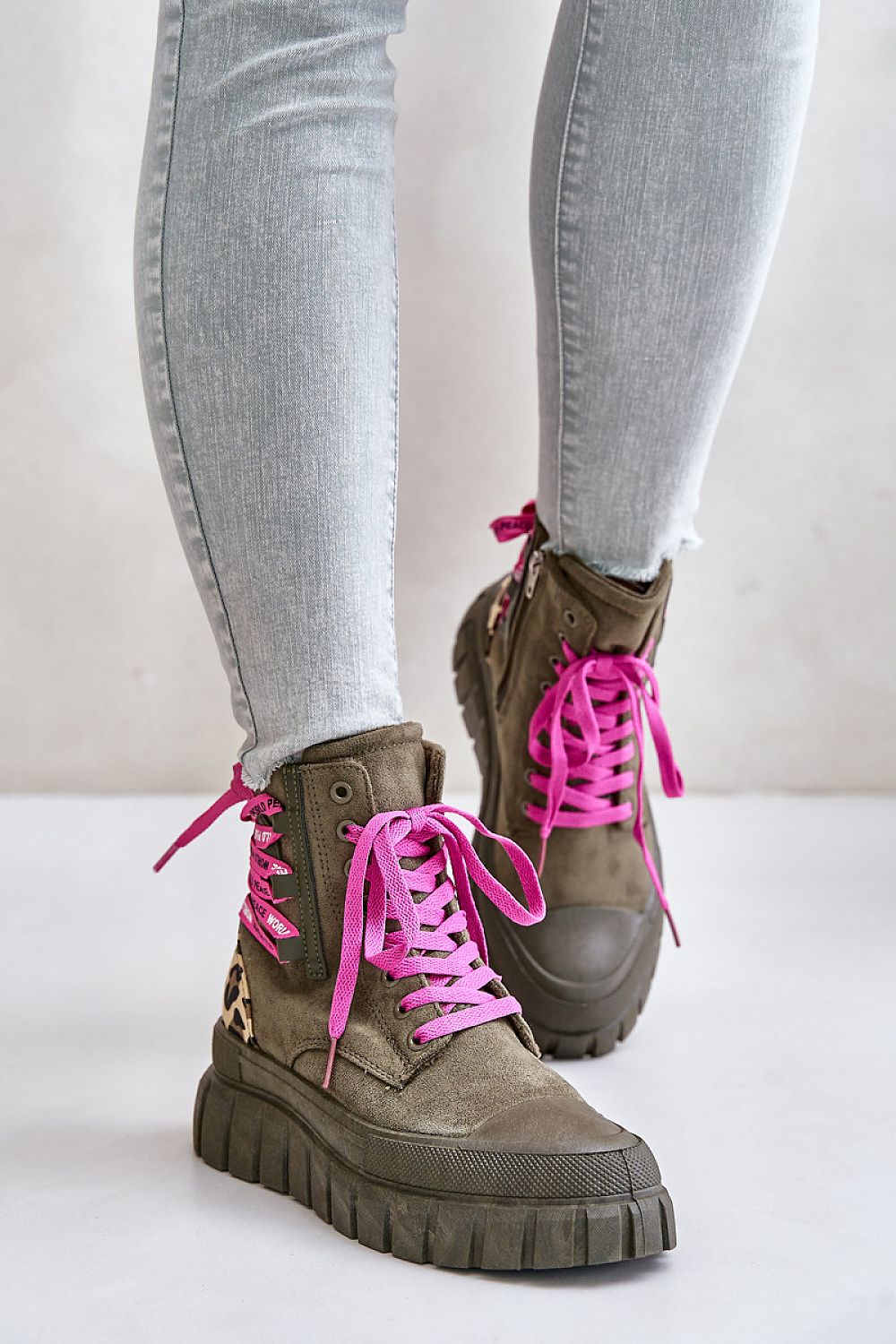“Nordic Lace-Up Platform Boots in Green, top view
