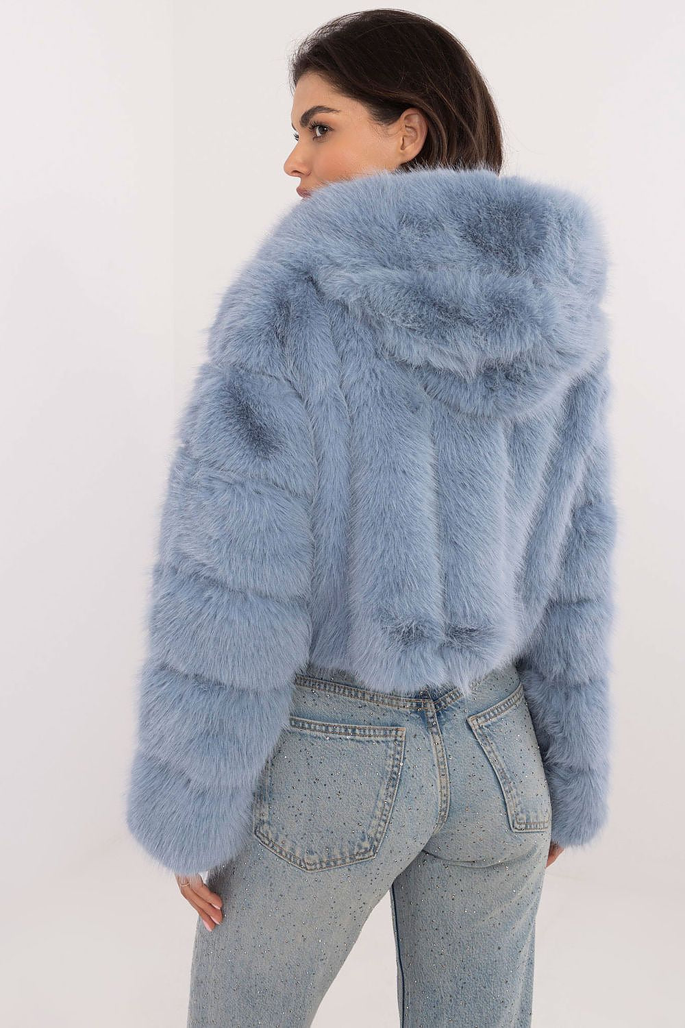 Women's lightweight blue faux fur jacket with lined interior and easy fastening rear view