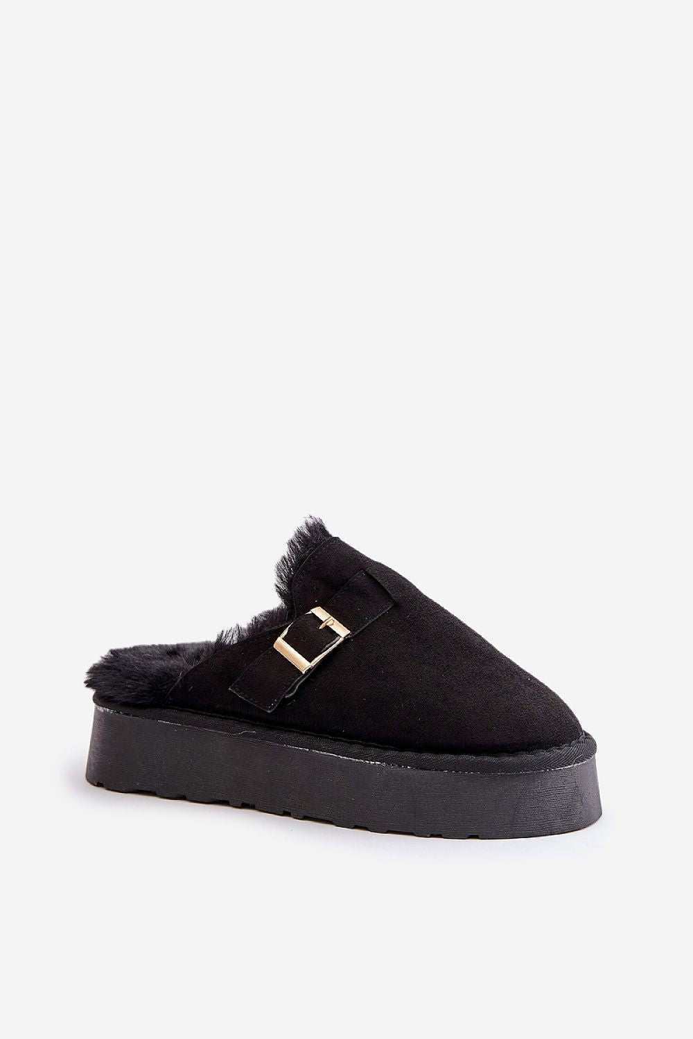 Elegant black slippers with gold buckle strap