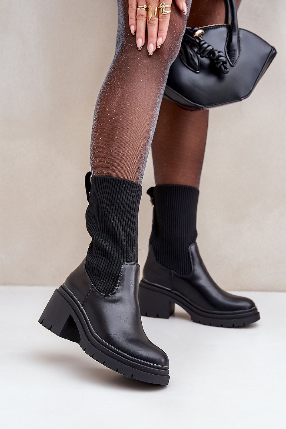 Women’s sock-style ankle boots with elastic upper and block heel – front view