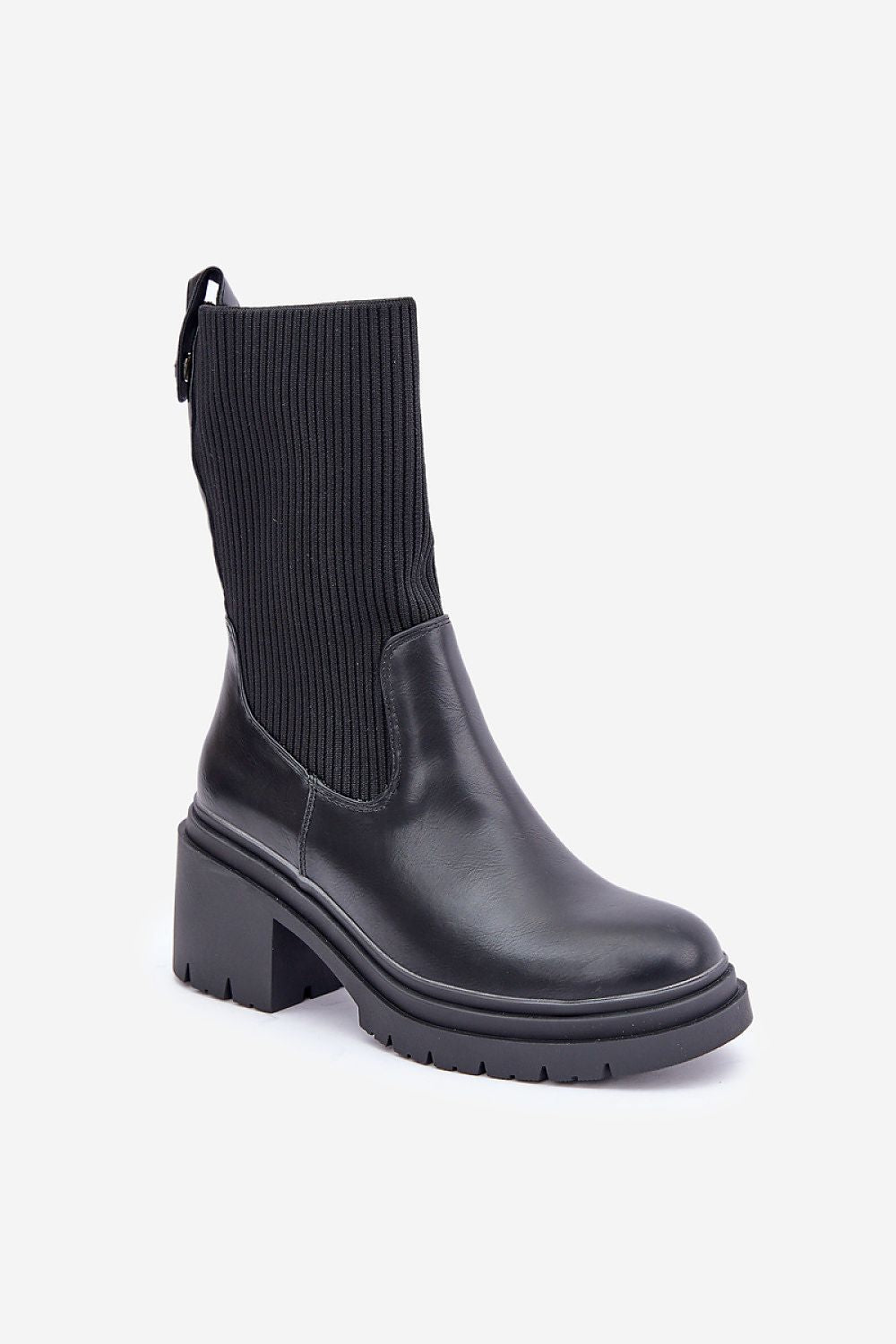 Stylish women’s ankle boots with elastic upper and block heel – standalone product photo