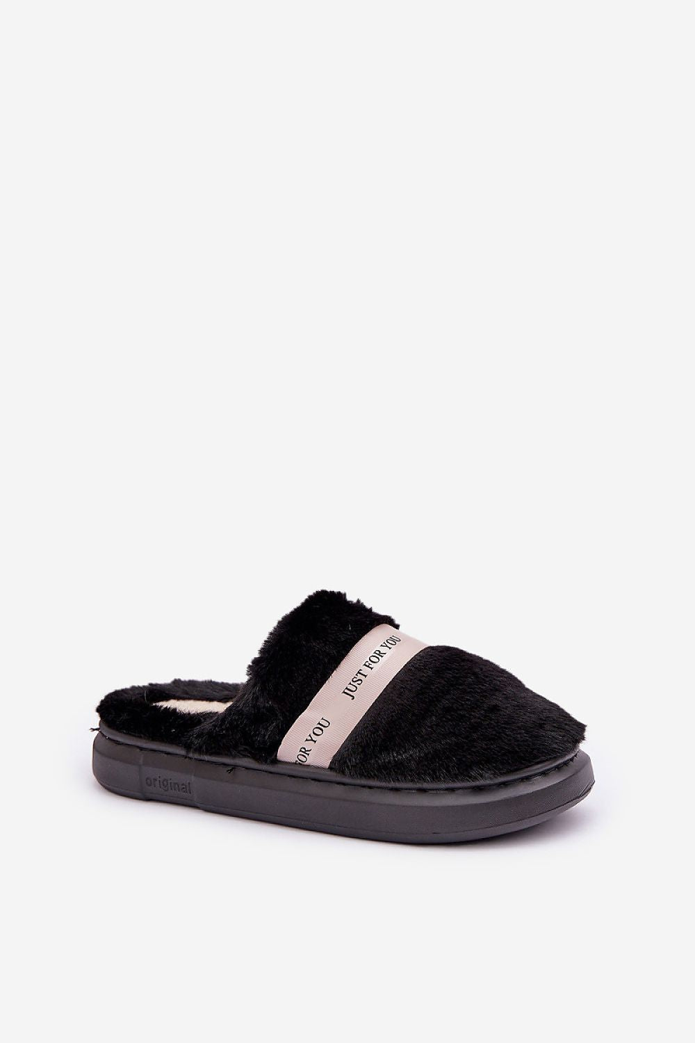 Black fuzzy slipper with a strap on a white background
