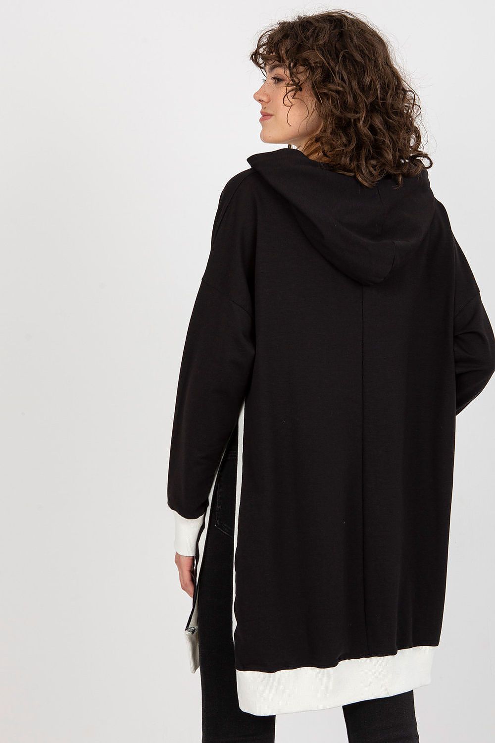 Black long hooded sweatshirt side view – cozy casual top for women