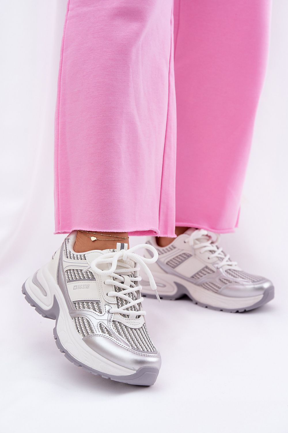 White Metallic Big Star Sneakers – Front View 2 style
