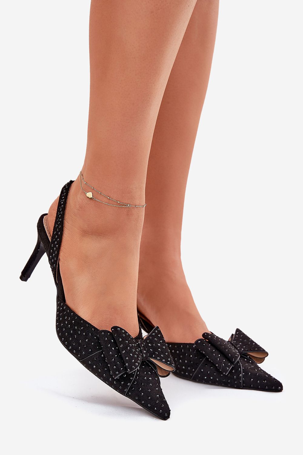 Black Charm Bow Slingback Heels – Front View 1