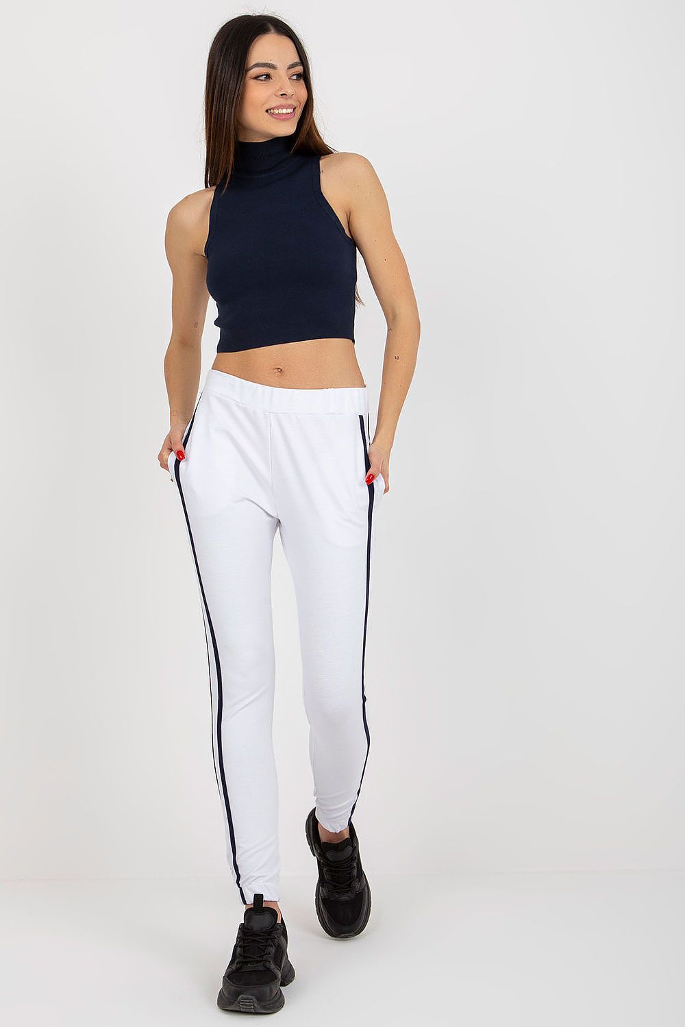 “White Stripey Tracksuit Trousers, front view with side stripes”