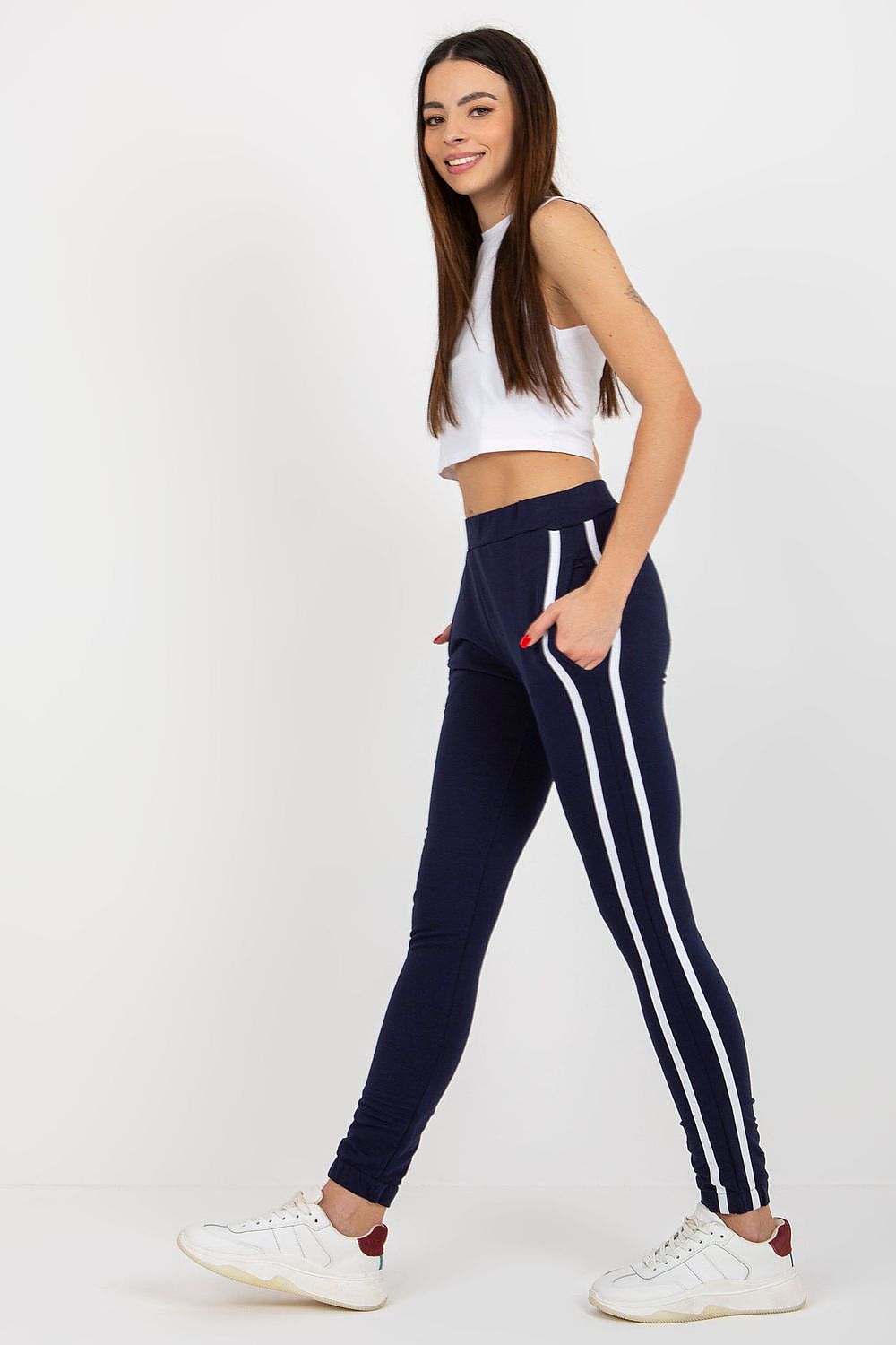 “Navy Stripey Tracksuit Trousers, side view showing high-waist fit”