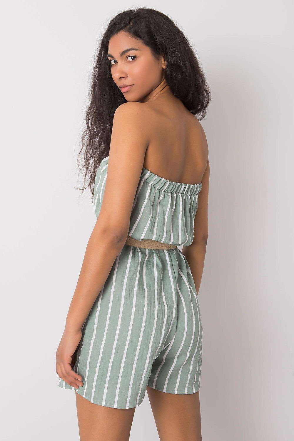 “Green Stripe Ease Belted Jumpsuit, back view showing elastic waist”