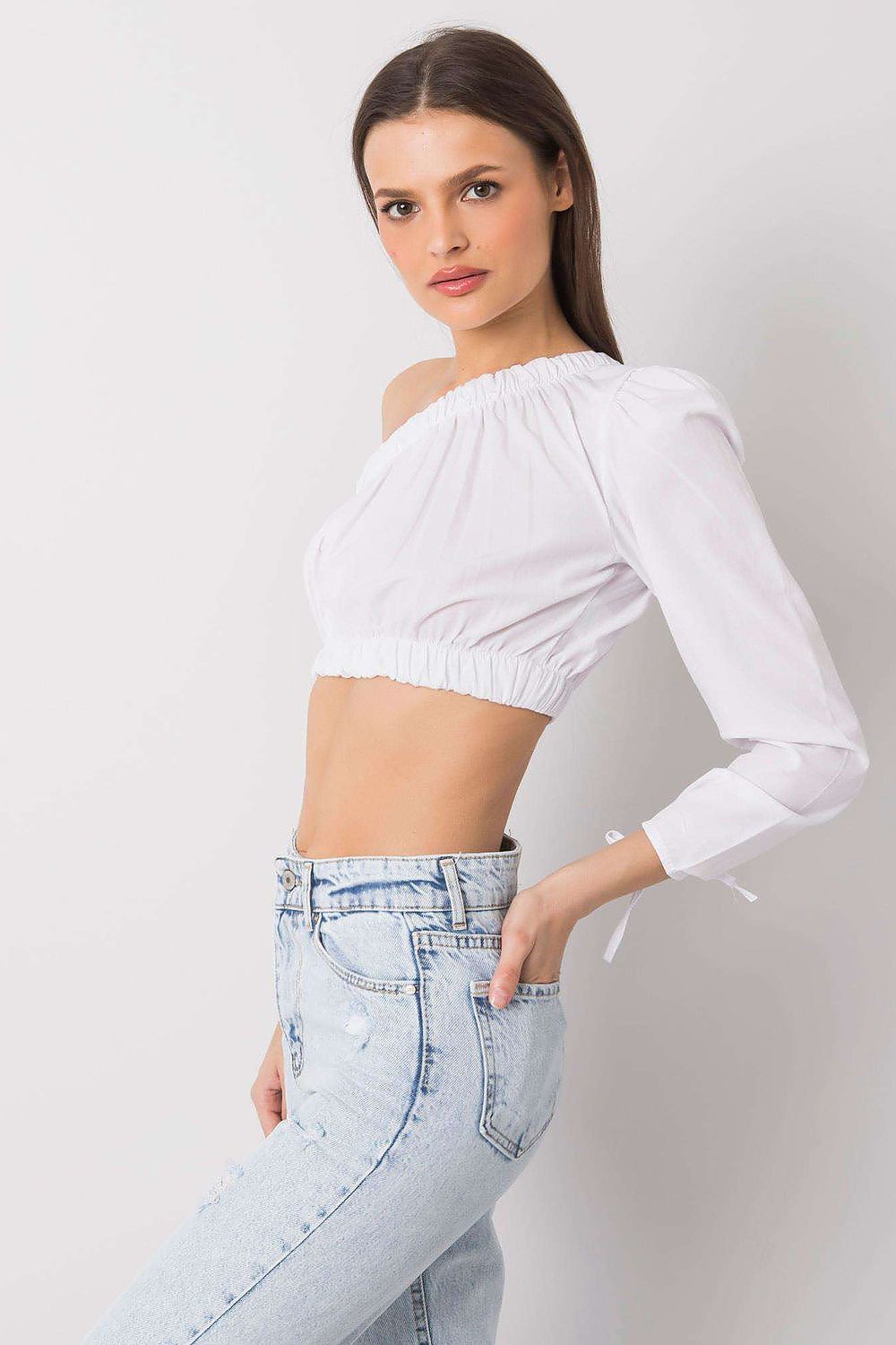 “White Asym One-Sleeve Blouse, side view showing elastic sleeve”