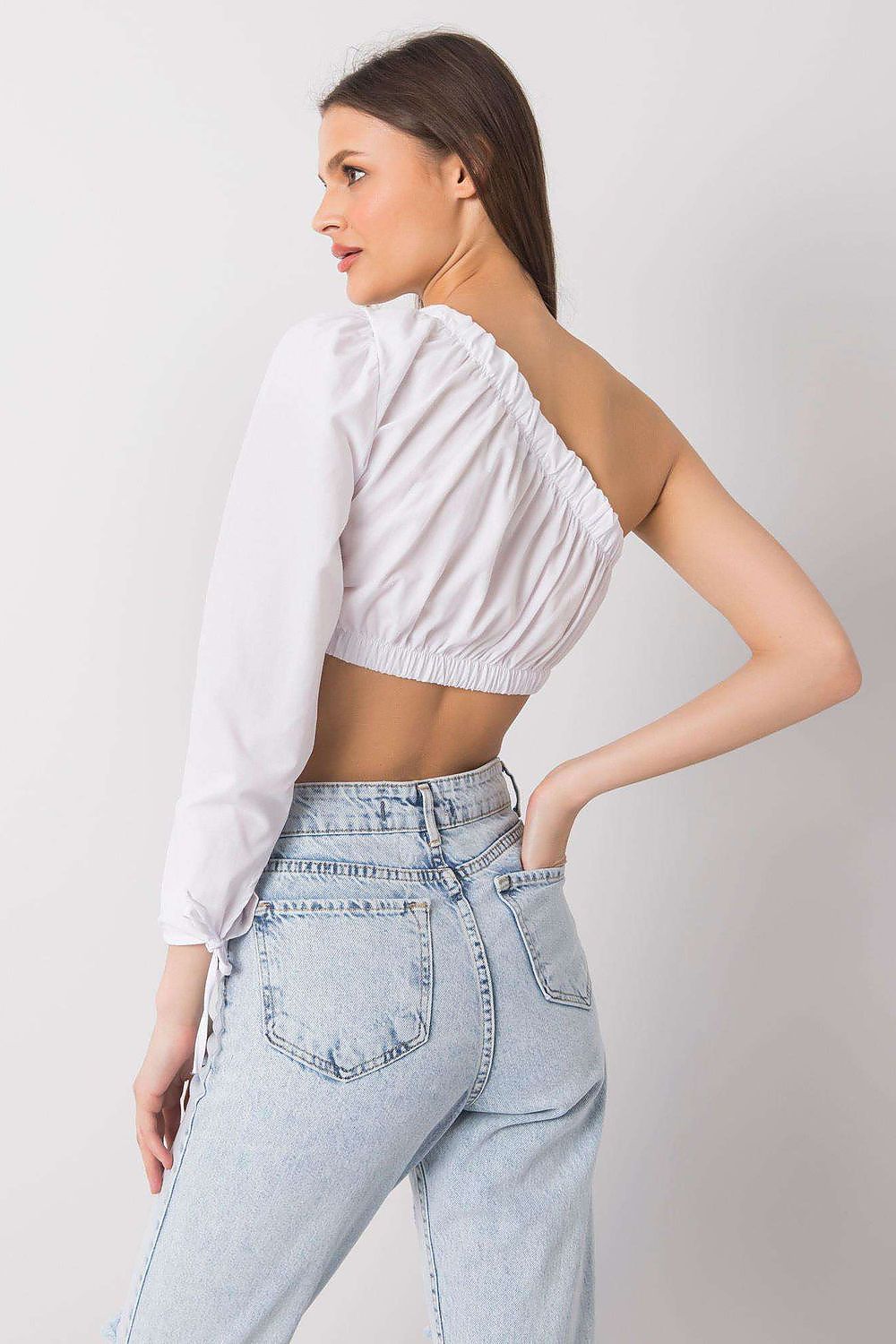 “White Asym One-Sleeve Blouse, angled view with tie detail”