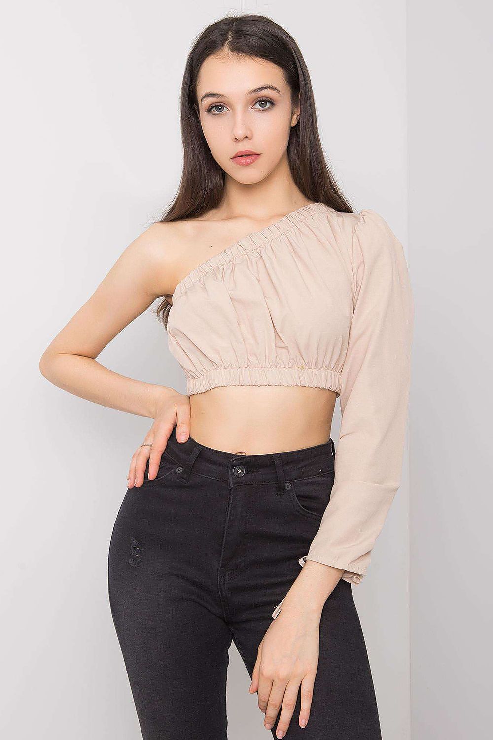 “Beige Asym One-Sleeve Blouse, front view with feminine tie”
