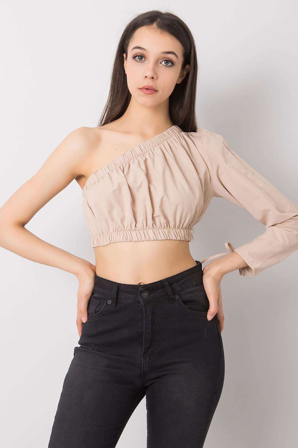 “Beige Asym One-Sleeve Blouse, standalone flat lay”