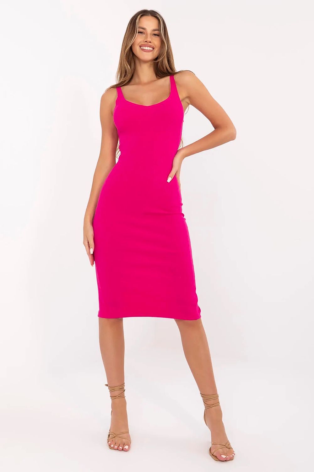 “Pink Striped Elegance Midi Dress, front view with sweetheart neckline”