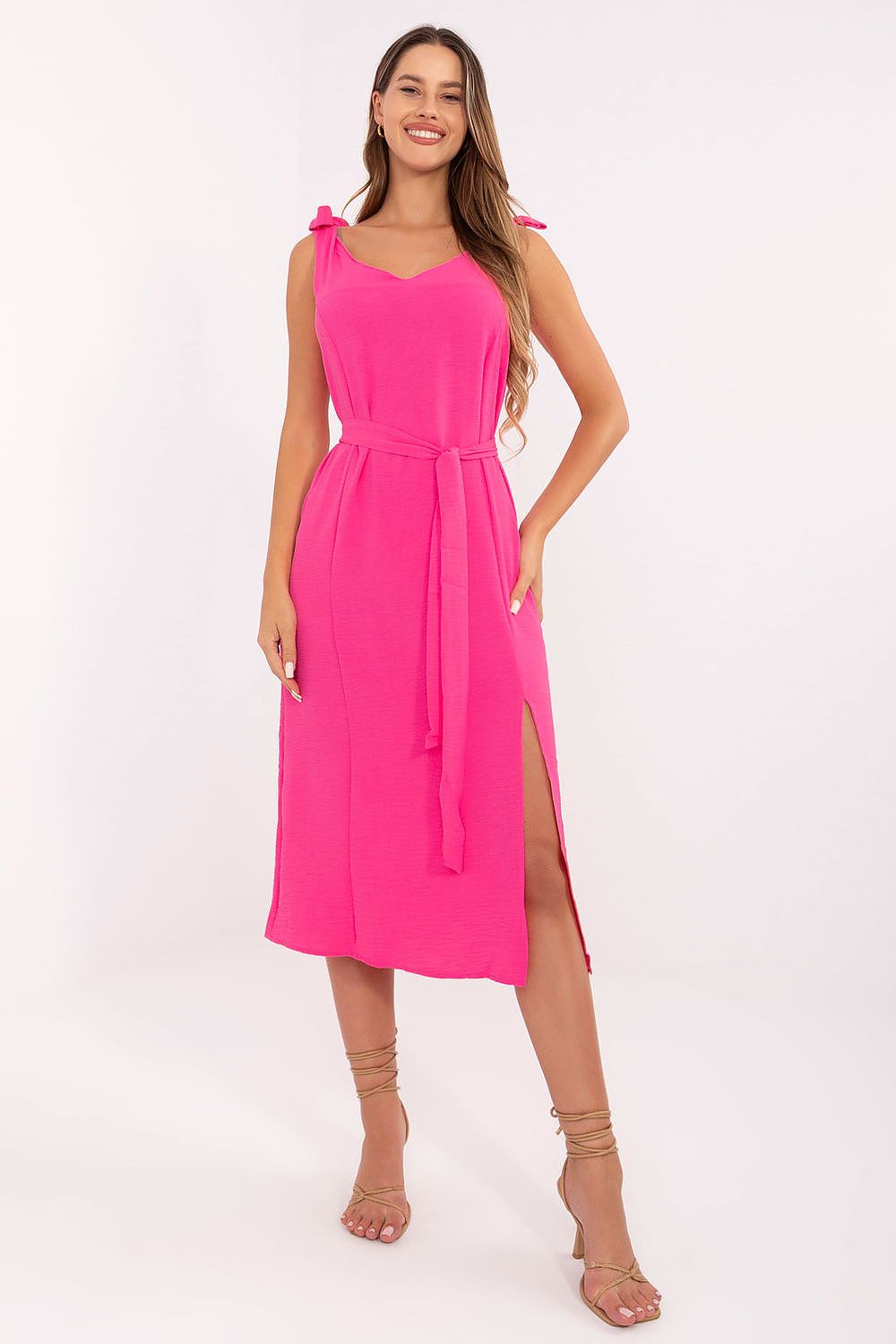 “Tied Charm Summer Dress in Pink, front view”