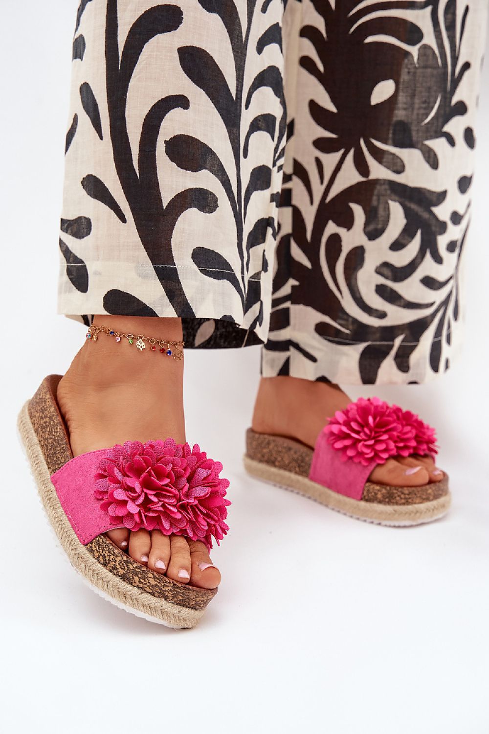 “Blossom Cork Platform Sandals in Pink, side view”