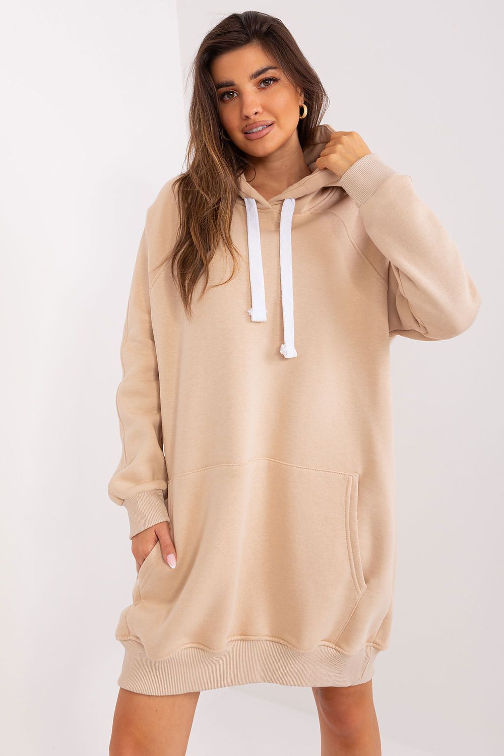 “Cozy Core Longline Hoodie in Beige, front view”
