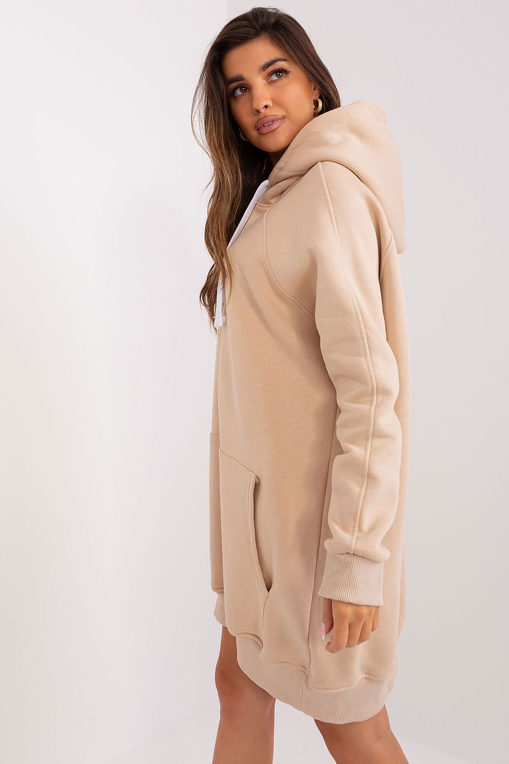 “Cozy Core Longline Hoodie in Beige, side view”