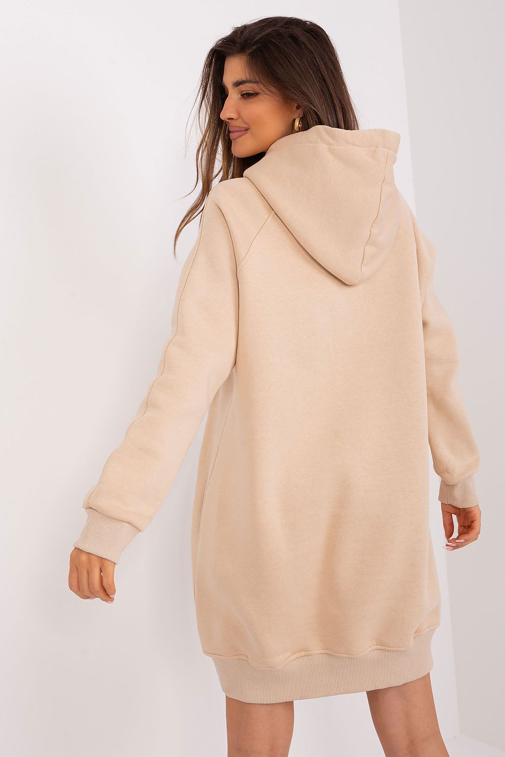 “Cozy Core Longline Hoodie in Beige, back view”