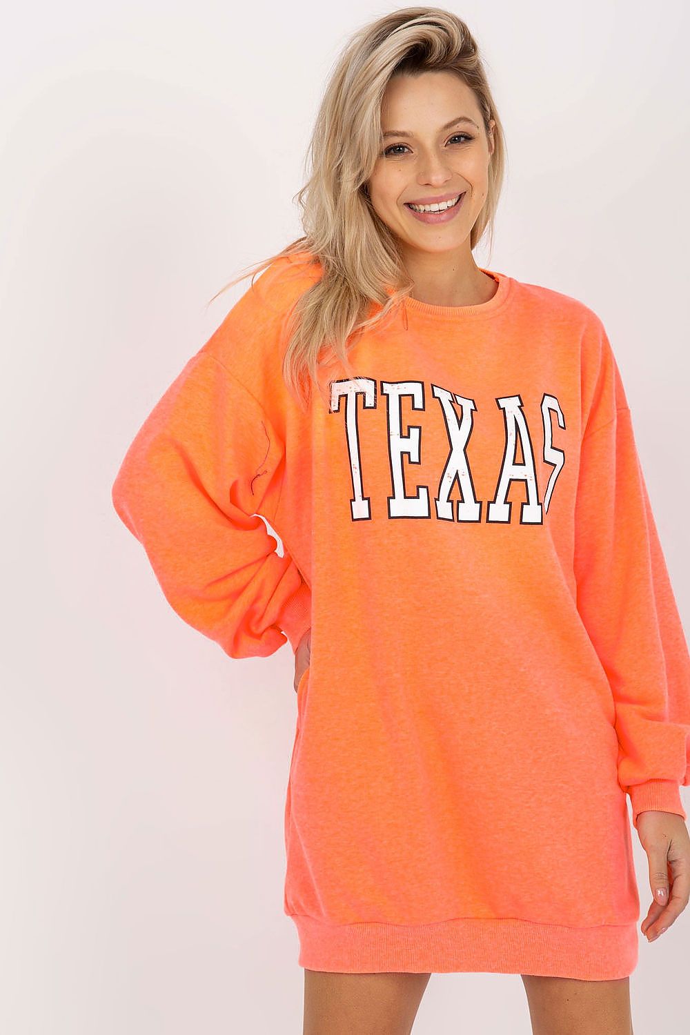 “Urban Ease Longline Sweatshirt in Orange, front view”