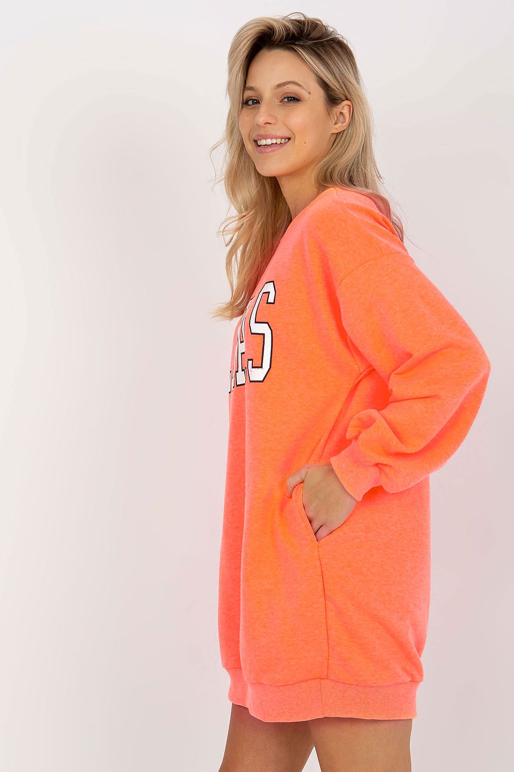 “Urban Ease Longline Sweatshirt in Orange, side view”