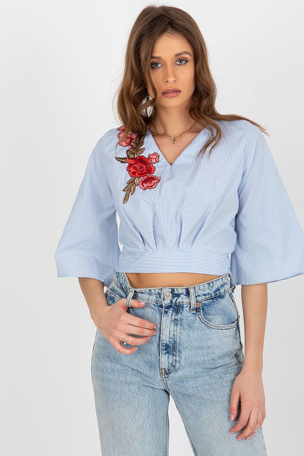 “Cotton Bloom Blouse in Blue with sweetheart neckline, front view”