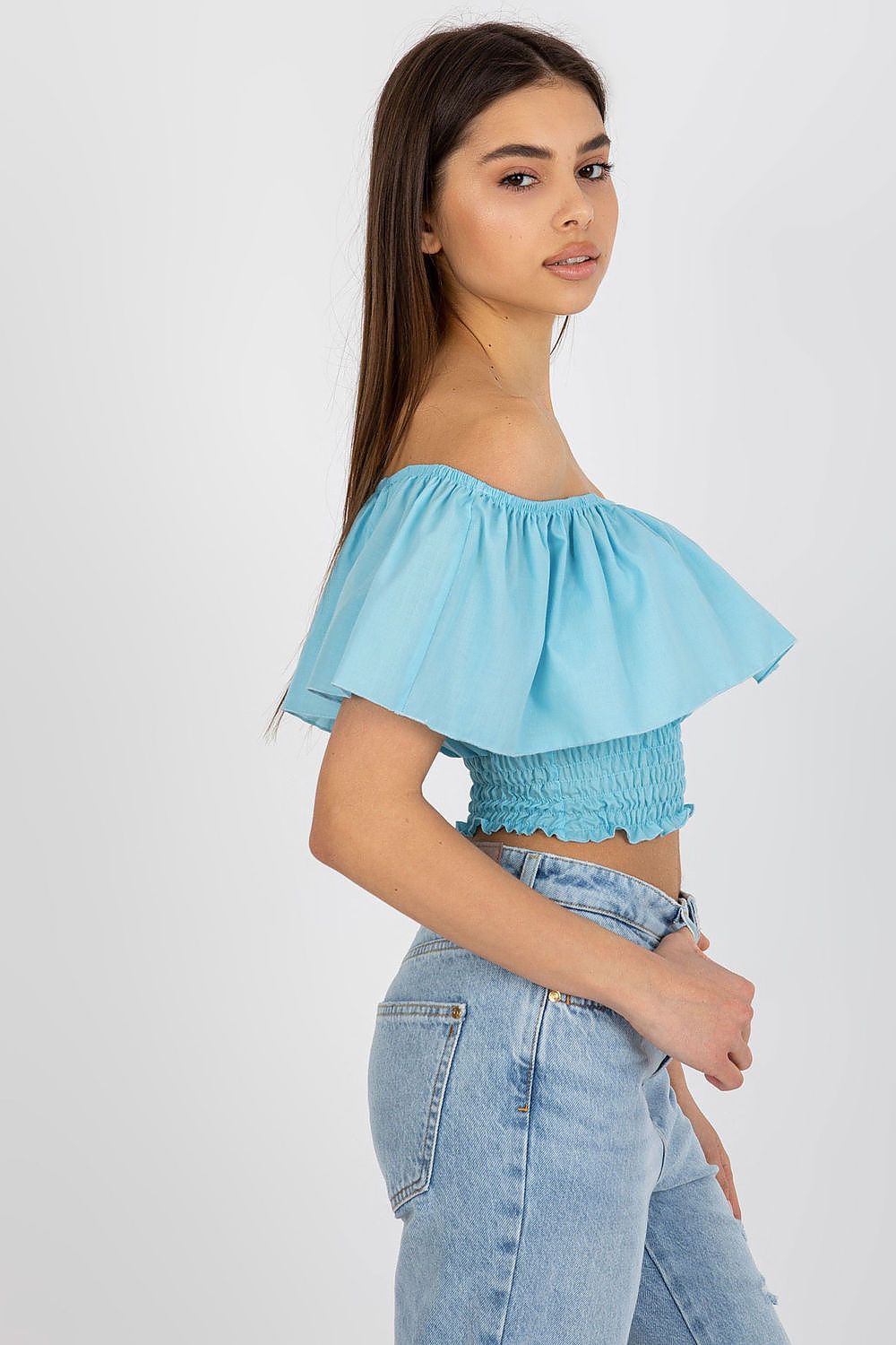“Boho Breeze Off-Shoulder Top in Blue, side view”